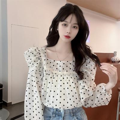 French Stylish Designer Long Sleeve Wear-Outside Fresh Polka Dot Chiffon Blouse Women's Autumn Small Top