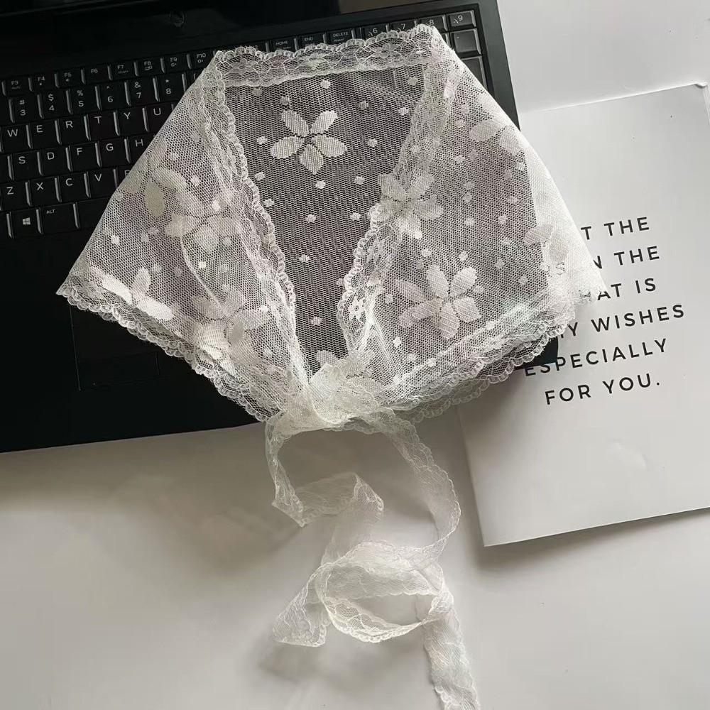Fashion White Woven Floral Lace Hair Scarf Wraps Breathable Sweet Triangle Headscarf Retro Hair Band Photo