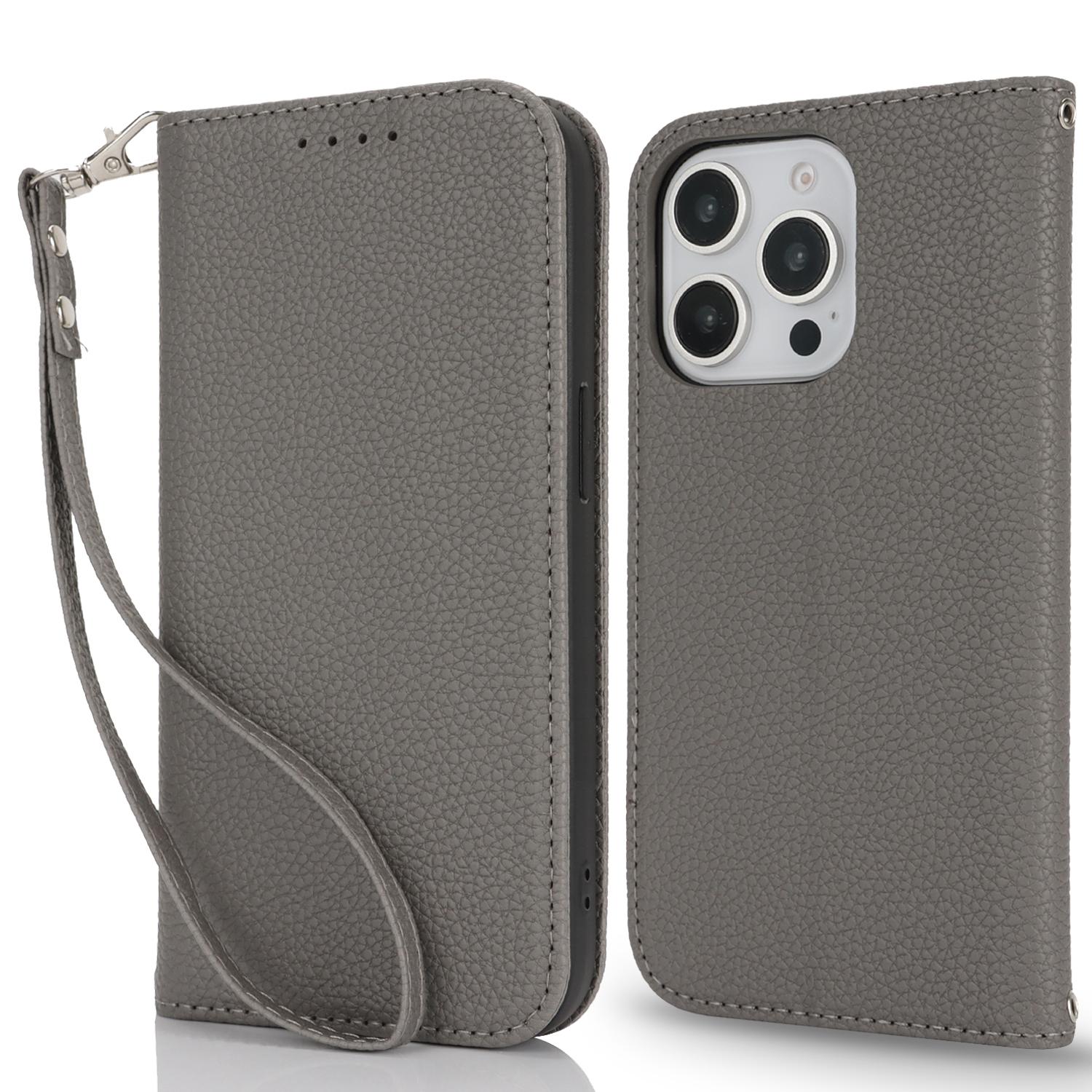 

Stand Case for iPhone 13 Pro Max/12 Pro Max Litchi Texture Leather Flip Phone Cover with Strap/Wallet Grey