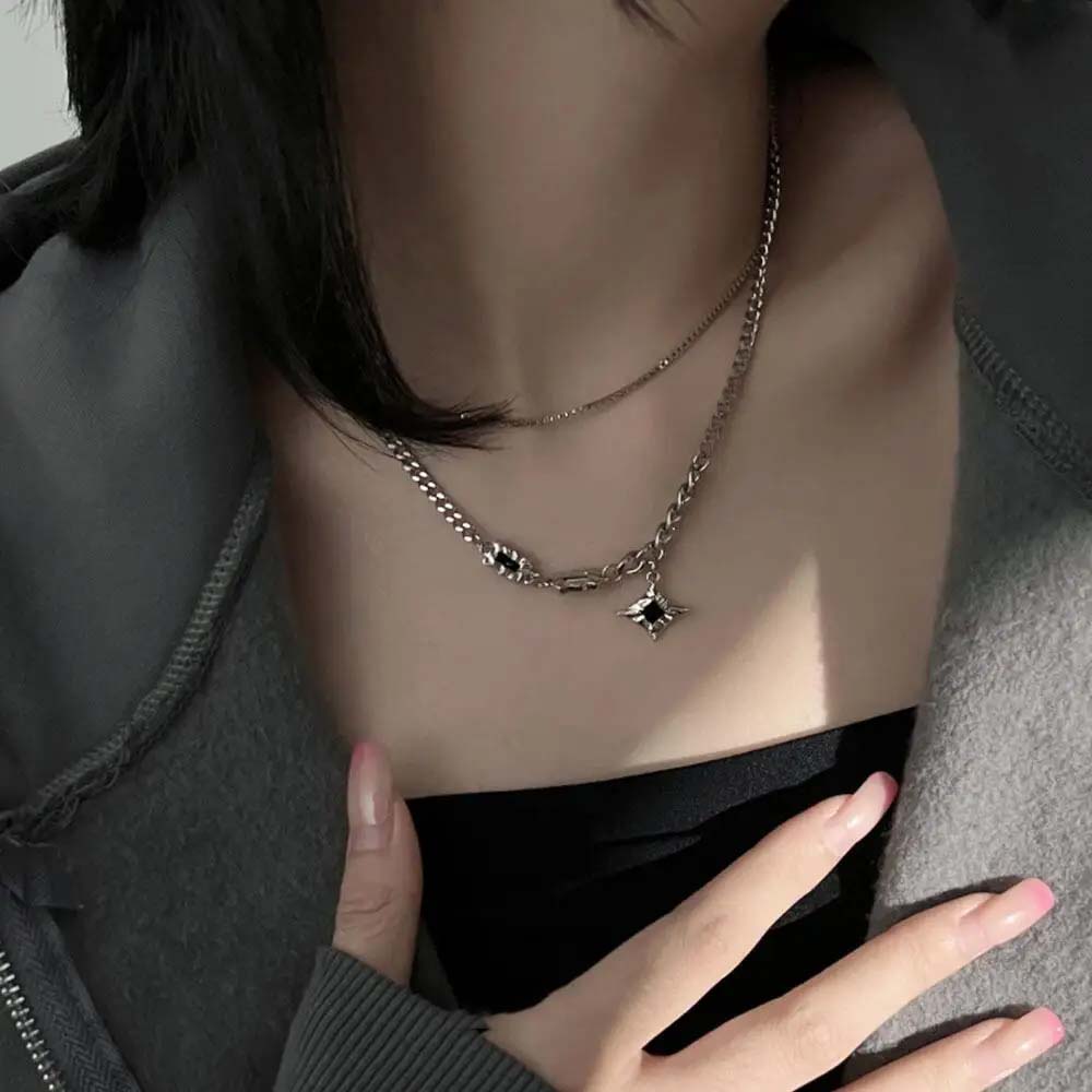 Hip Hop Zircon Double Layer Star Pendant Necklace Geometric Metal Chain Trendy Unisex Jewelry