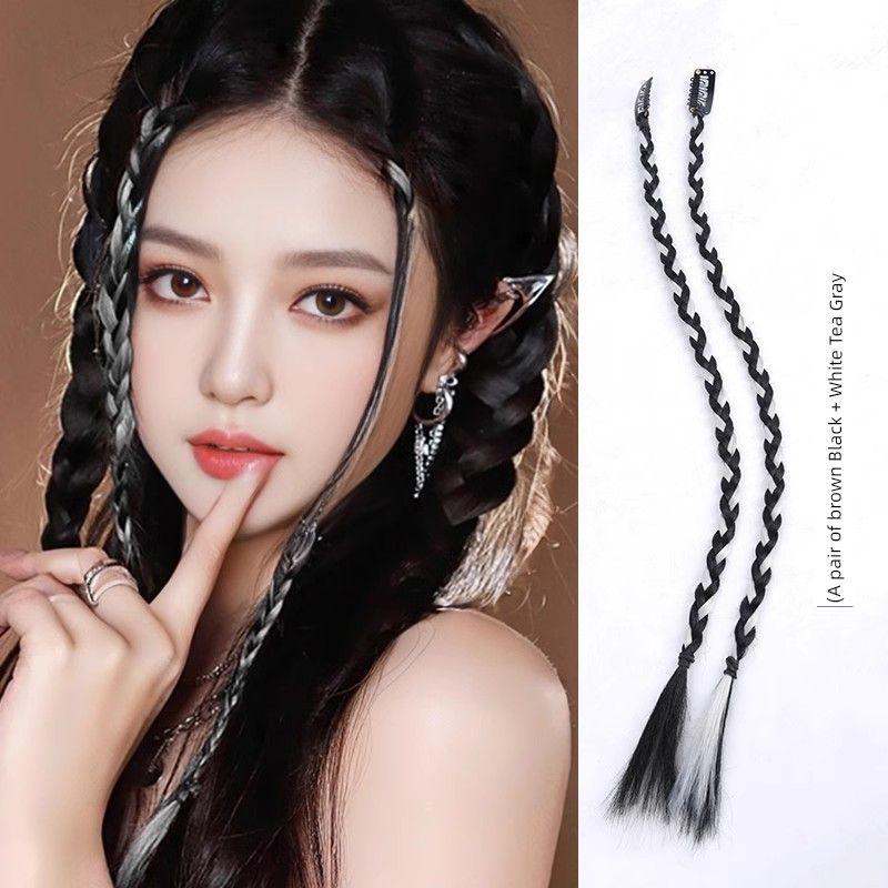 

Kids Wig Braid Sweet Cool Girls Hair Accessories Buckle Braided Hair Small Dreadlocks Color Highlights Boxing Twist Braid Ponytail Brown Black + White Tea Gray [a pair]]