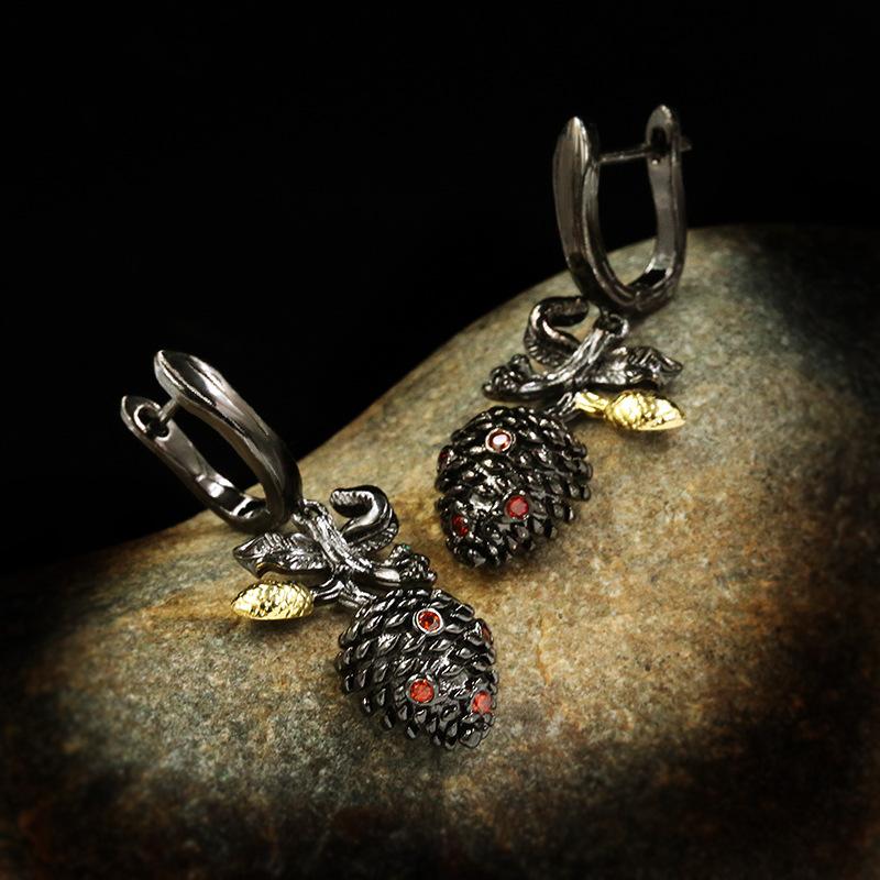 Italy Jewelry Vintage Flower Bud Inlay Ruby 925  Earrings Fashionable Black Gold Earrings Wedding Jewelry Gift