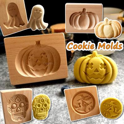 Halloween-Ausstecherform, 3D geschnitzte geprägte hölzerne Keksausstecher für Lebkuchenbacken, mit Totenkopf-, Kürbis- und Geistermustern