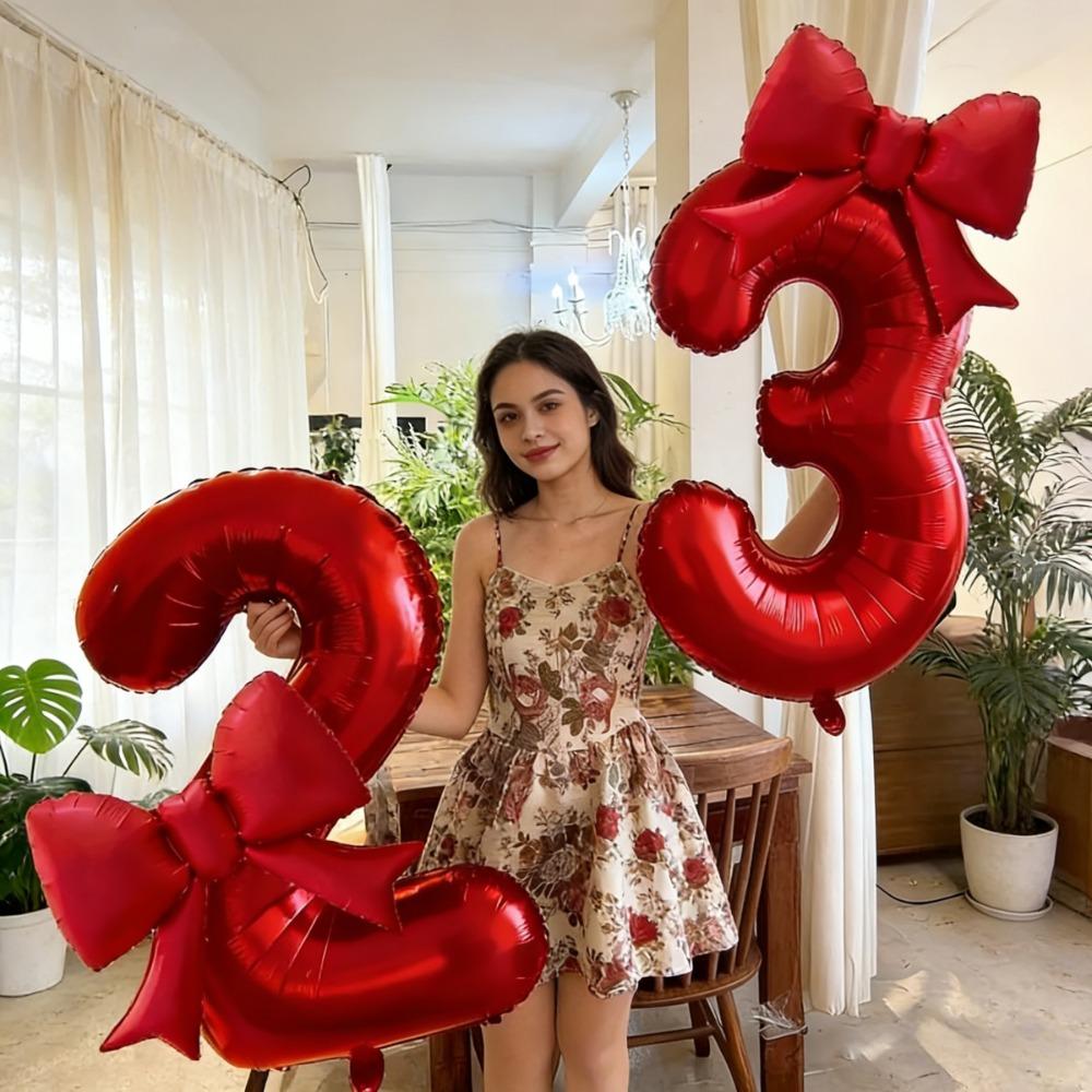2pcs 32inch Red Number Digital 0-9 Balloon with Red Bowknot Foil Balloons for Birthday Party and Anniversary Decoration