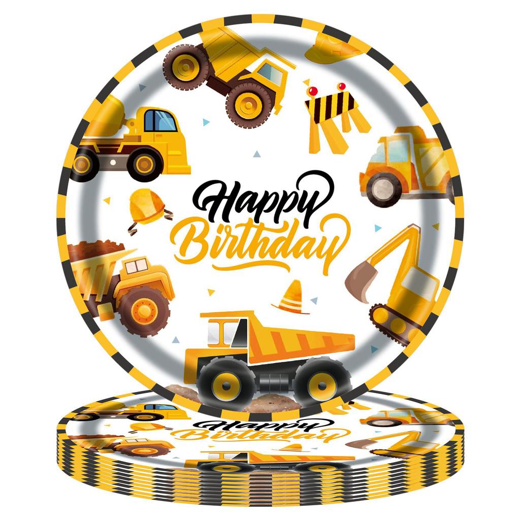 Children's Birthday Construction Theme Tableware Set: Excavator Plates, Cups, Napkins, and Banner