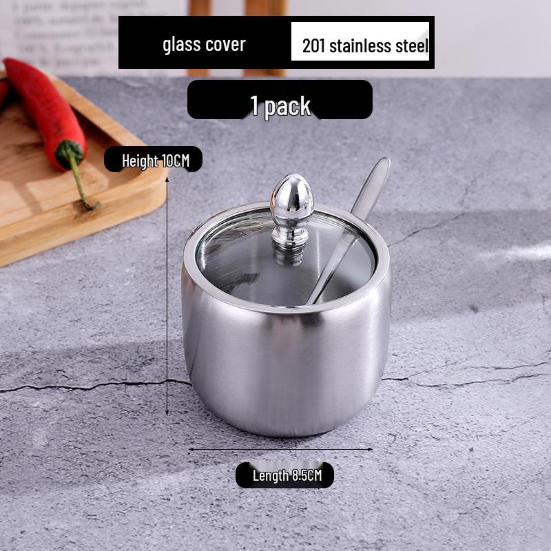 Gold Korean-Style Seasoning Jars, 201 Stainless Steel with Glass Lids On Tray, for Restaurant Use.