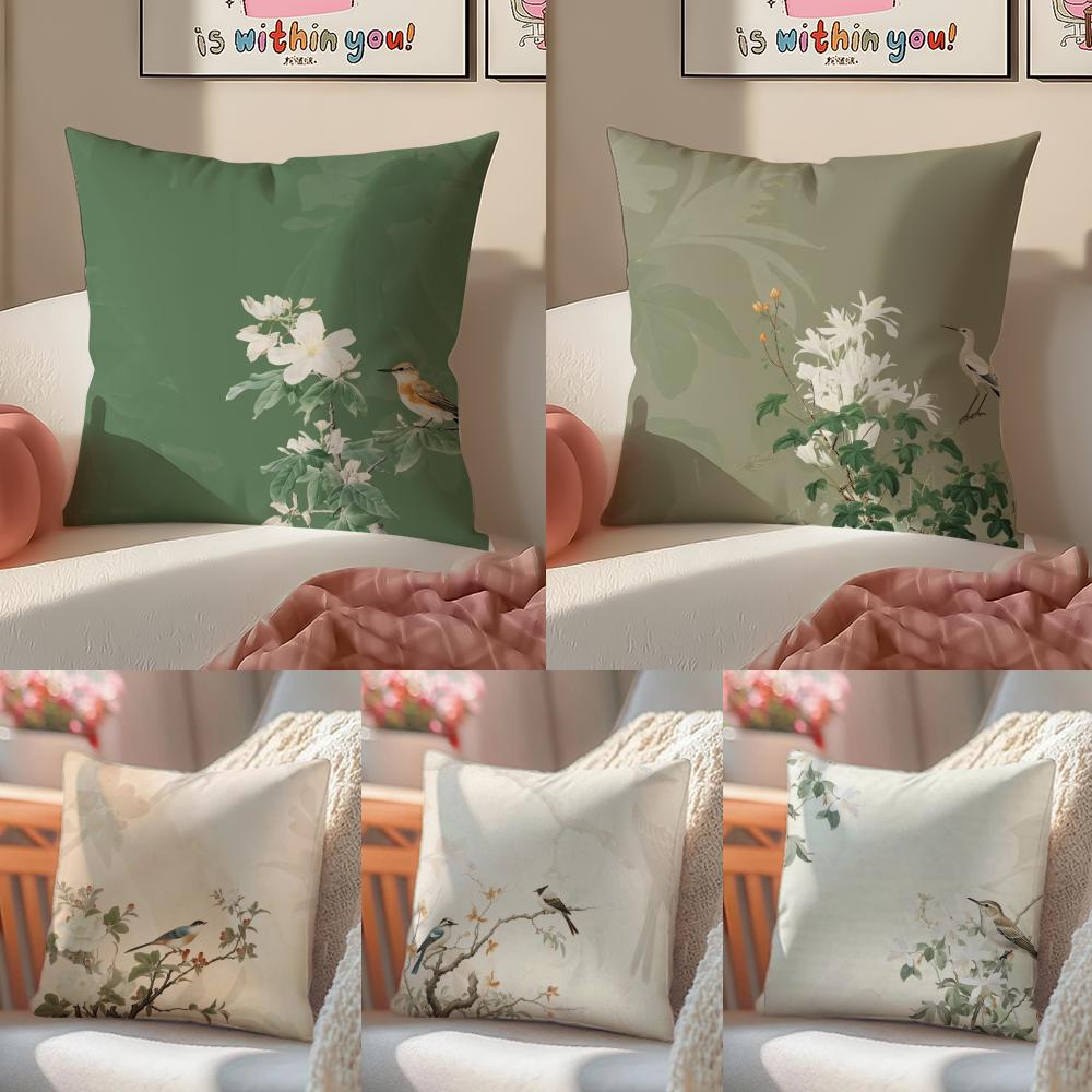 Chinese Style Simple Bird Flowers Cushion Cover Linen Pillowcase Cover Soft Decor for Sofa Home Room