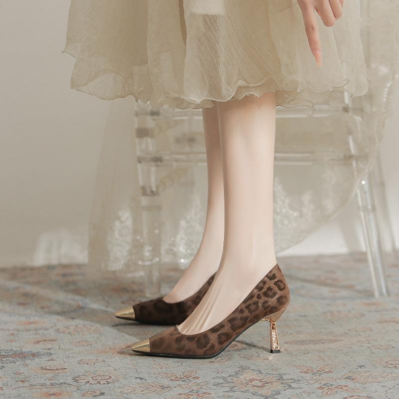 French Single Shoes Women's Fine Heels Spring and Autumn 2025 New Versatile Metal Head Leopard Print Retro Temperament Light Mouth High Heels