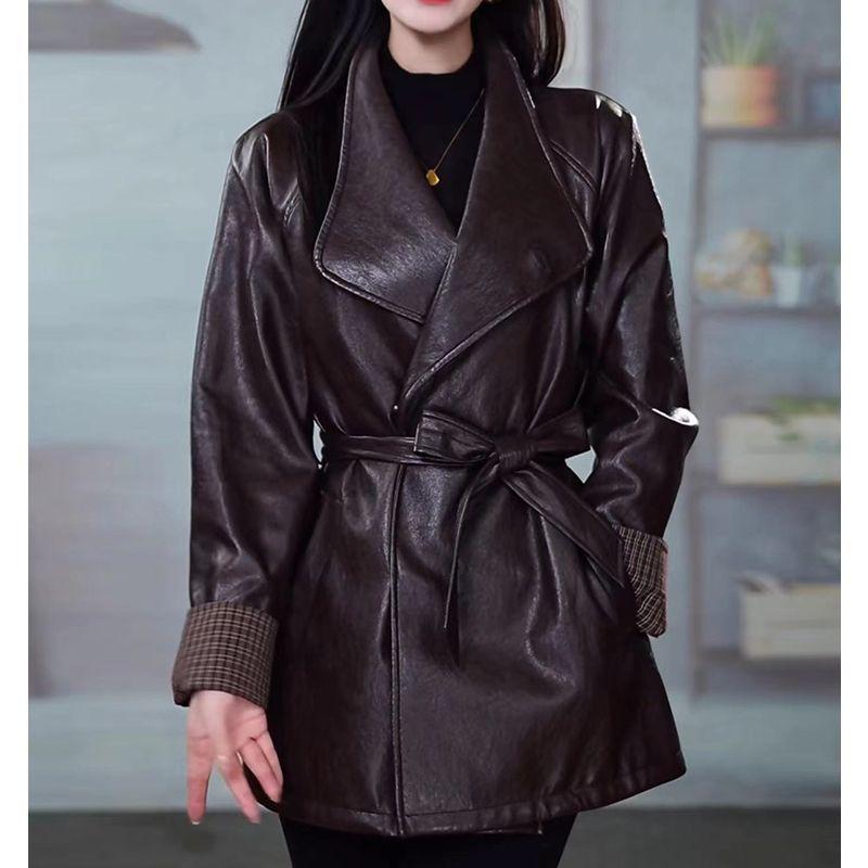 Autumn and Winter High-Quality Women's Leather Jacket Mid-Length Turn-Down Collar Soft PU Leather Coat Loose Fit Plus-Size Leather Jacket