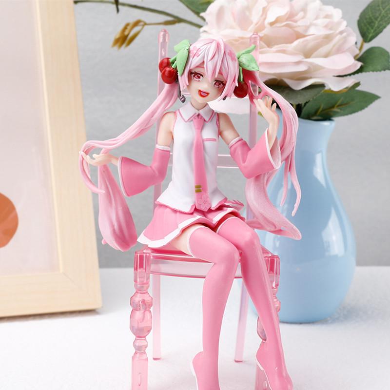 Japanese Anime Hatsune Miku Figure Sexy Character Ornaments  white pink chair Kawaii Car Decoration Collectible Model  gift