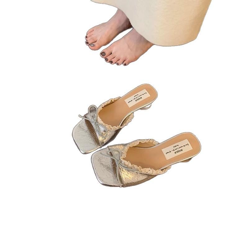 French thick heel slippers fairy shoes wear 2025 new summer skirt lace bow sandals