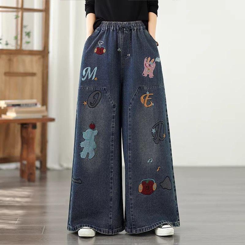 

Women s Retro Embroidered Cartoon Jeans - Plus Size, Elastic Waist, Wide Leg Pants for Spring/Autumn 2XL синій