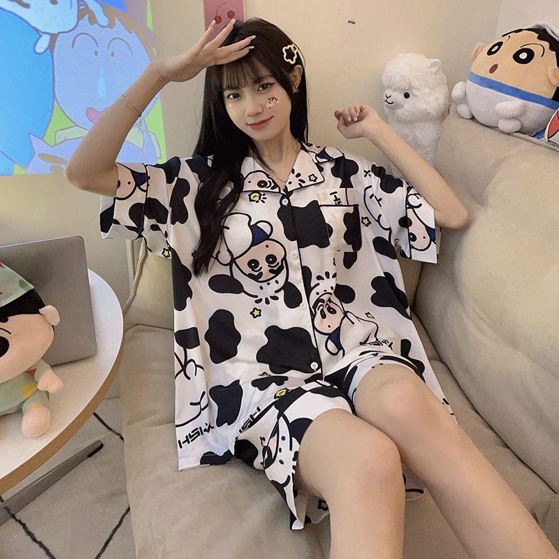 Pyjama en soie glacée pour femme en été à manches courtes, ample et luxueux, ensemble de vêtements de maison fins