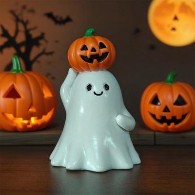 Halloween Ghost Figurine Cute Ghost Holding Heart/Pumpkin Statue Desktop Small Resin Ghost Ornament for Home Office Kitchen Tabletop Decor