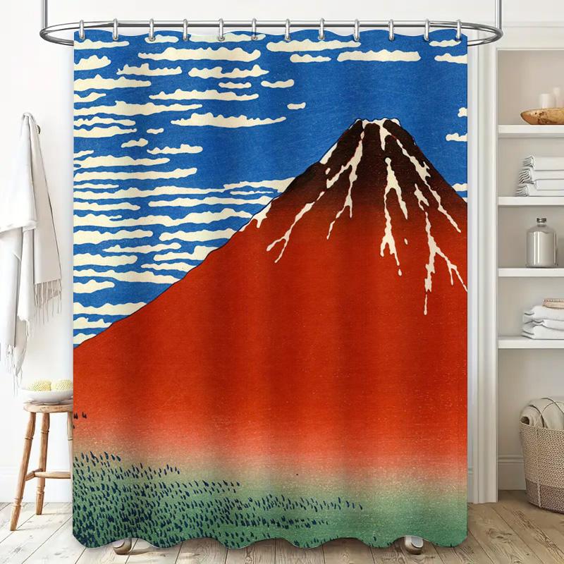Japanese Red Mountain Shower Curtain Japanese Art Bath Decor for Home Decoration Blue Sky with White Clouds Pattern Shower Curta
