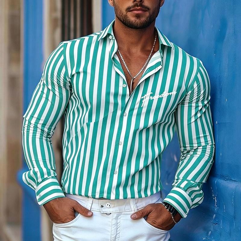 Men's Vertical Striped Long Sleeved Shirt, High-quality Lapel Cardigan, Personalized Letter Printed Casual Men's Top