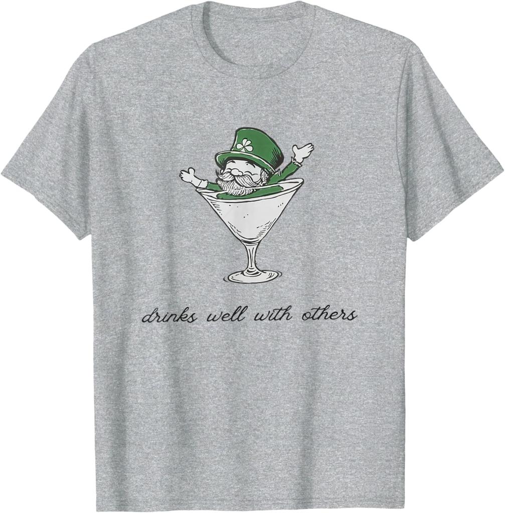 Leprechaun Martini Drinks Well With Others St Patrick's Day Graphic Tee Casual Cotton T-Shirt