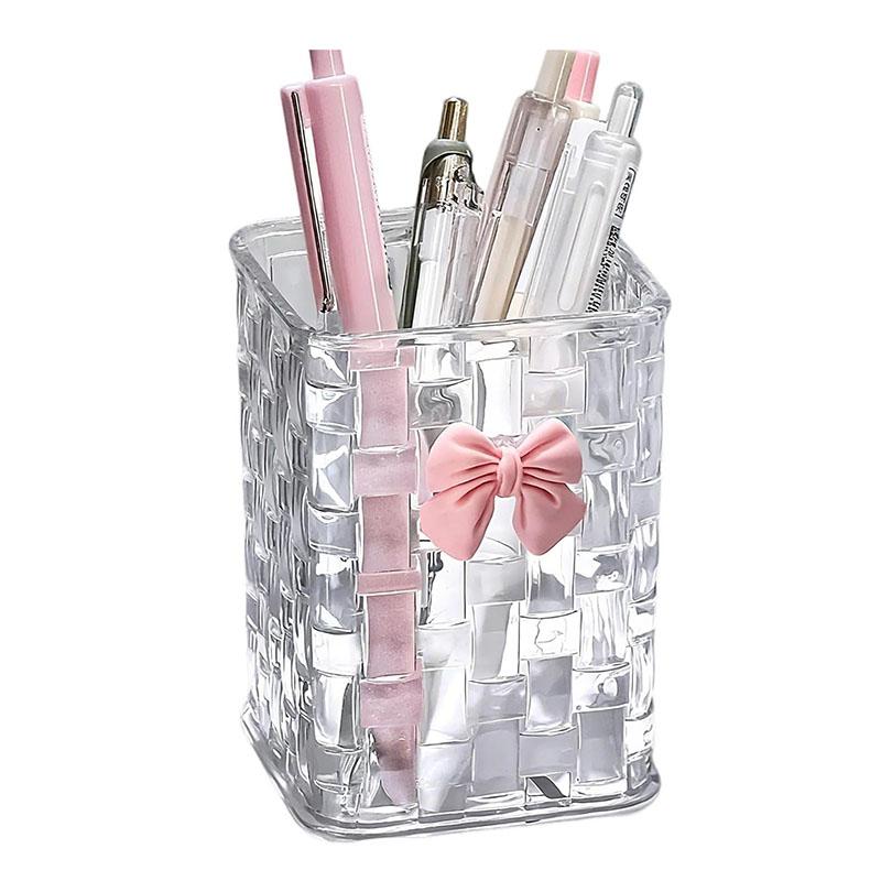 

Clear Acrylic Desk Organizer Box with Bow Makeup Brush Holder Storage Pen Holder Braided Texture Plastic Sundries Storage Box
