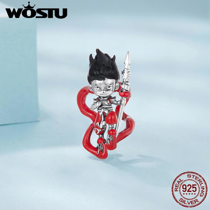 WOSTU 925 Sterling Silver Red Heart Sword CharmTarot Card Bead Chinese Mythology Nezha Pendant Fit Original Bracelet DIY Gift