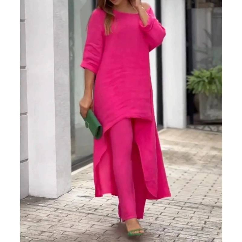 Cotton Linen Casual Woman Set With Irregular Long Sleeve Hoodie And Wide Leg Pants For Spring Fashion Comfort