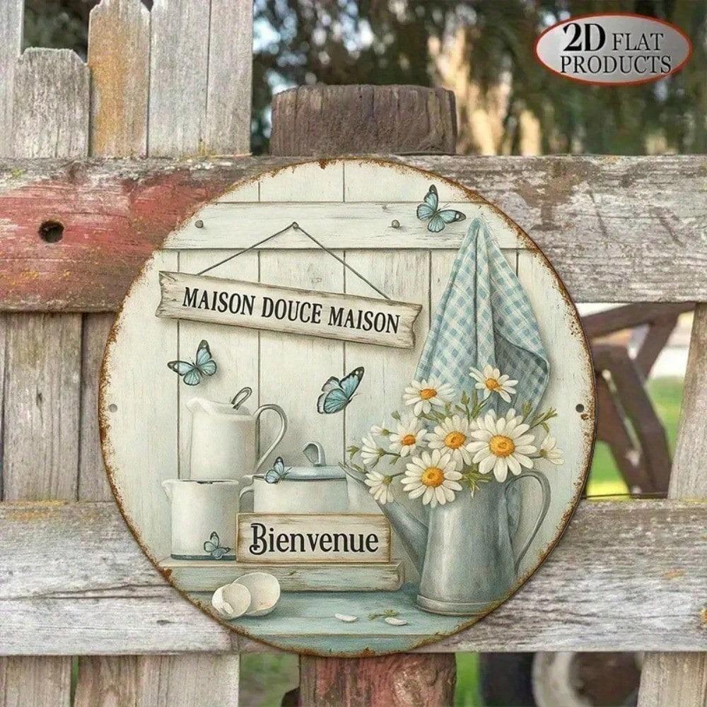 Vintage French Aluminum Welcome Home Round Sign 8x8 Inch Indoor Outdoor Decor
