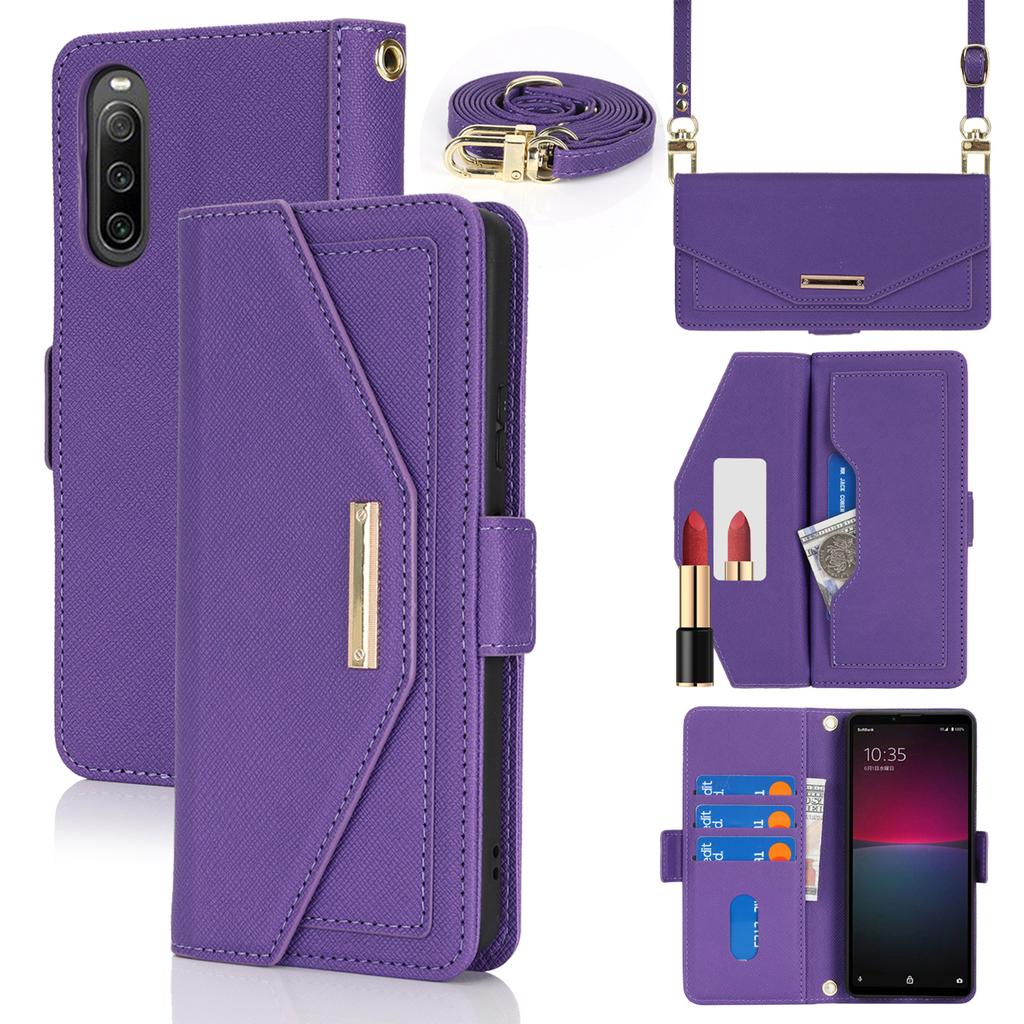 For Sony Xperia 10 IV 5G Stand Case Cross Texture PU Leather Wallet Phone Cover with Shoulder Strap/Makeup Mirror