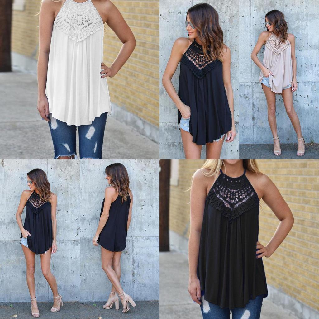 European Style Loose Fit Sleeveless Cotton T Shirt With Lace Splicing For Casual Women