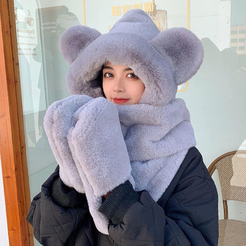 Women's Winter Rabbit Plush Hat, Scarf & Gloves Set - Cute, Thick, and Windproof.