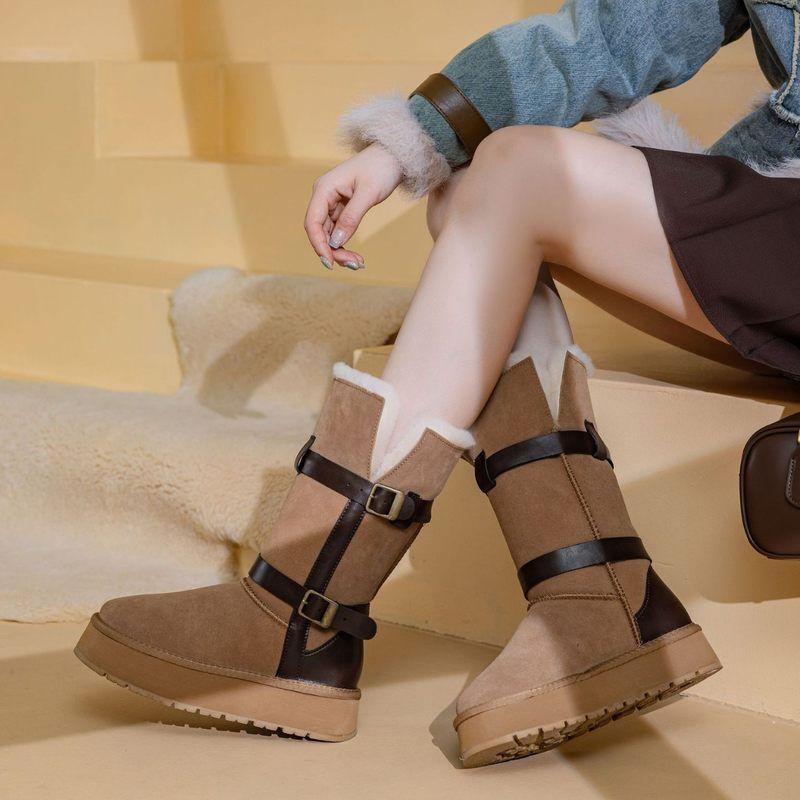 Leather real hair thick-soled snow boots women's winter new two wear long tube thickened velvet thermal cotton boots