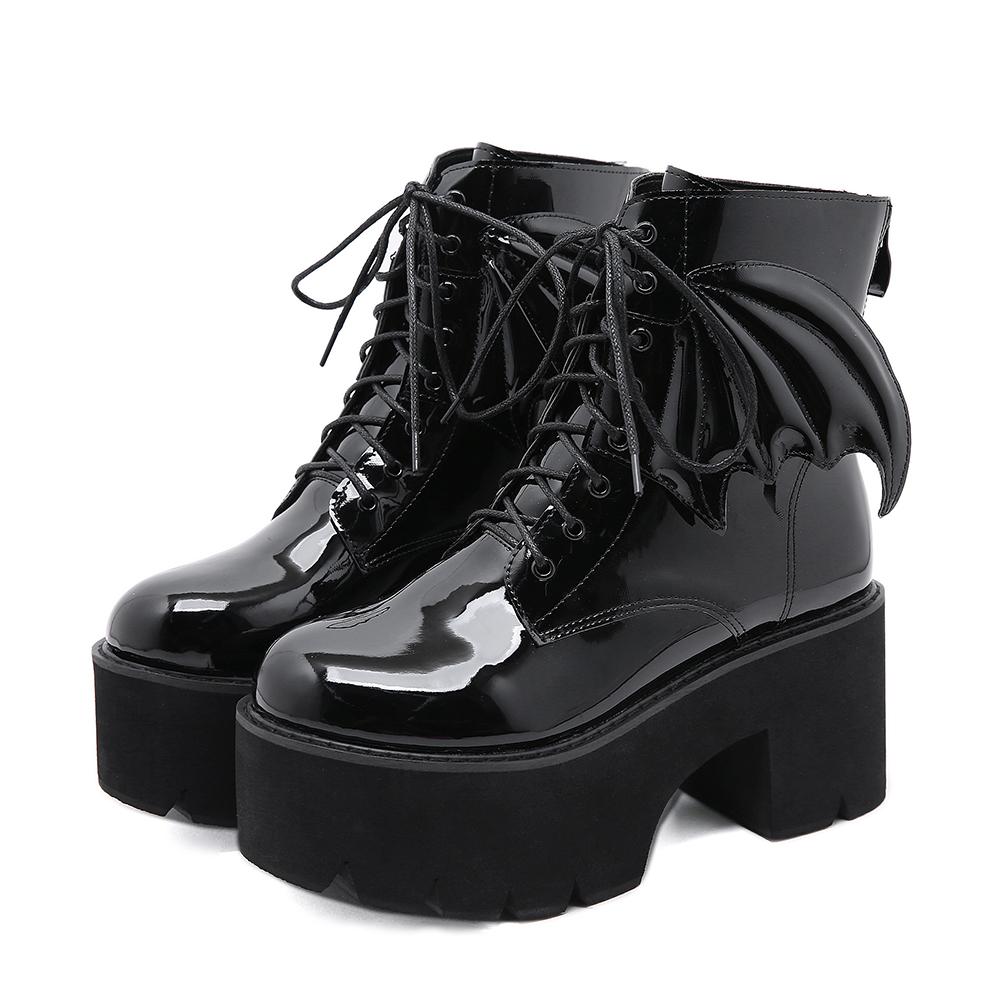 Gdgydh Women's Black Back Zipper Chunky Heel Boots Goth Style Lace Up Solid Color Platform Short Boots for Women Fashion Wing