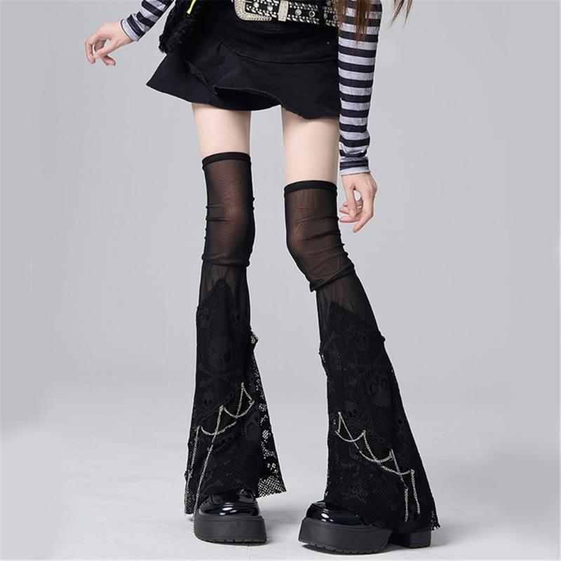 Maniche per gambe in rete estive Scaldamuscoli punk con teschio Calzettoni lunghi alla moda Maniche per gambe per sottoculture Streetwear per donna