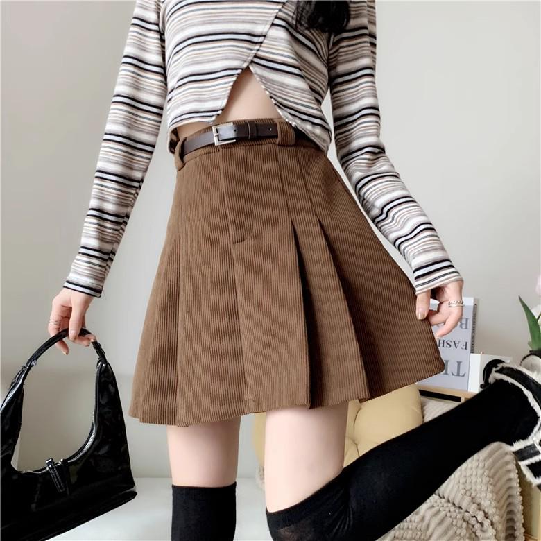 Korean Style A-Line High Waist Pleated Corduroy Skirt - Short, Anti-Exposure, 2024 Autumn/Winter Collection (No Belt)
