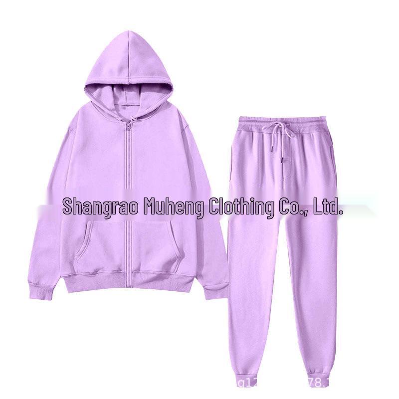 Men's Solid Color Plus Velvet Hooded Sports Set - Zipper Long Sleeve, Warm for Autumn/Winter