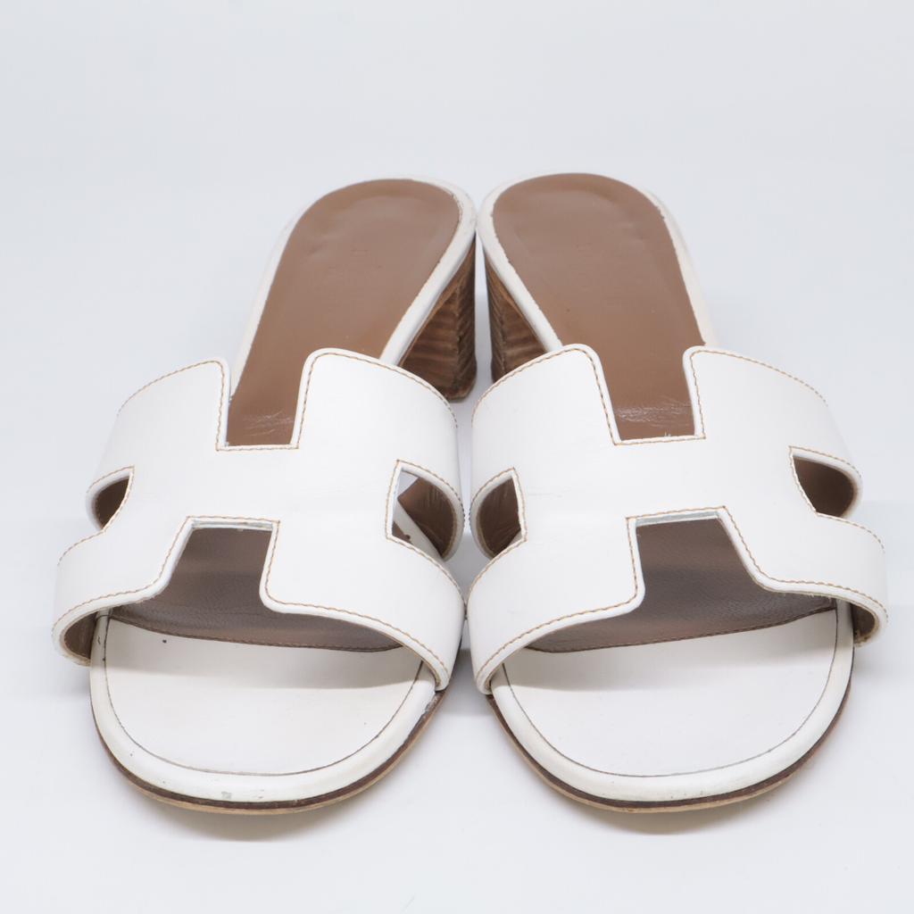 Hermes H071002Z OASIS Calfskin H Motif Heeled Sandals/ Shoes 37 whiteUsed