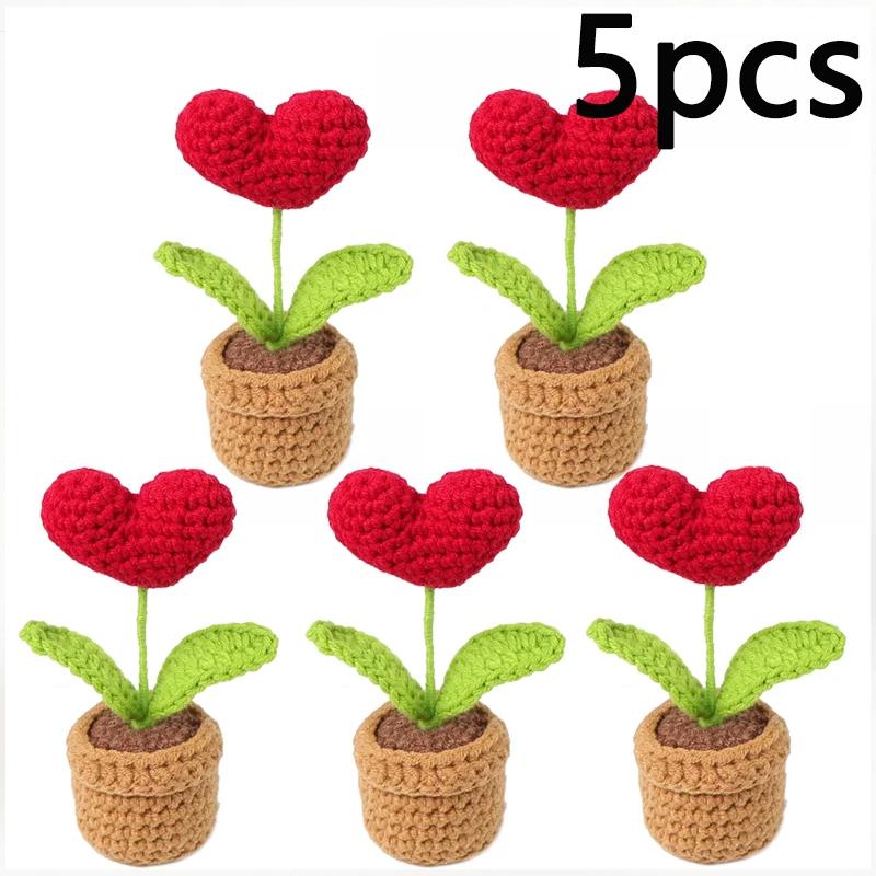 1-5pc Handmade Knitted Flower Pot Red Heart-Shaped Knit Imitation Potted Creative Gift Ornament Desktop Home Decor Xmas Gift