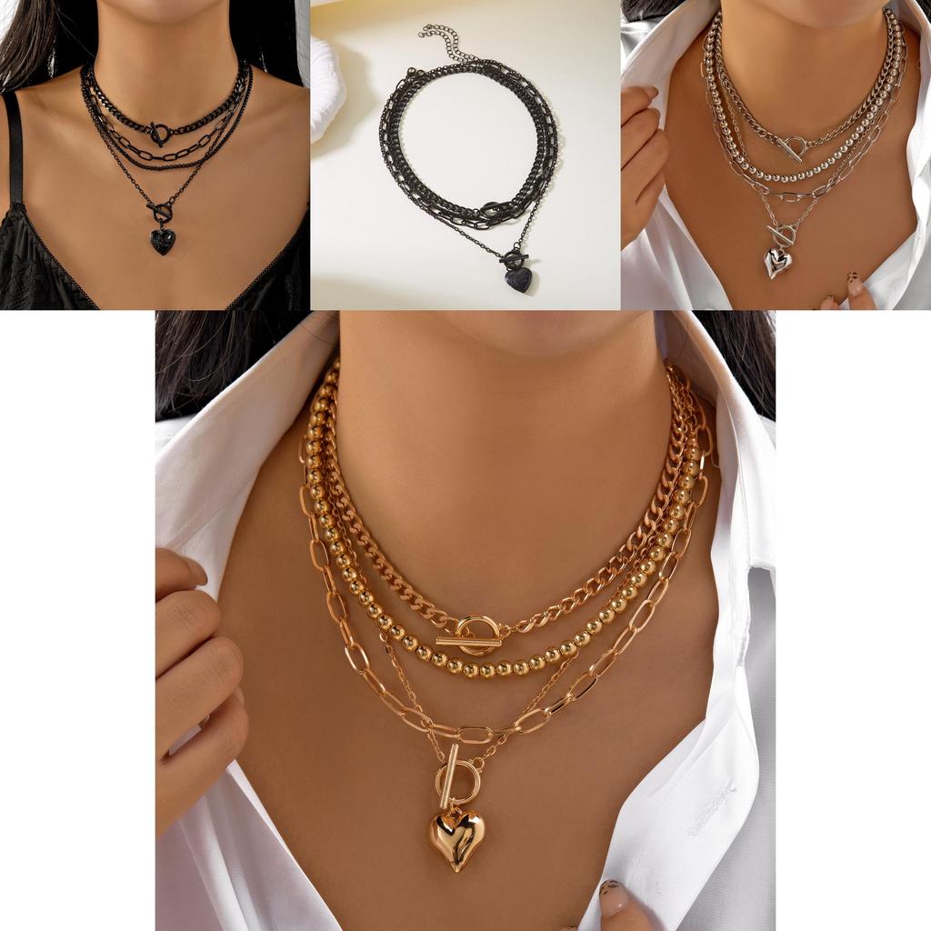 Collier Pendentif Multicouche Géométrique Cœur Étoile Pièce de Monnaie pour Hommes Femmes Style Noir Or Argent