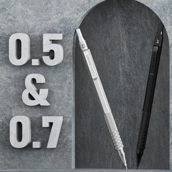 Four Candies Metal Mechanical Pencil 2-Piece Set 0.50.7 Mm Pencils 360 HB Replacement Leads Eraser Case Included Stationery Black Silver