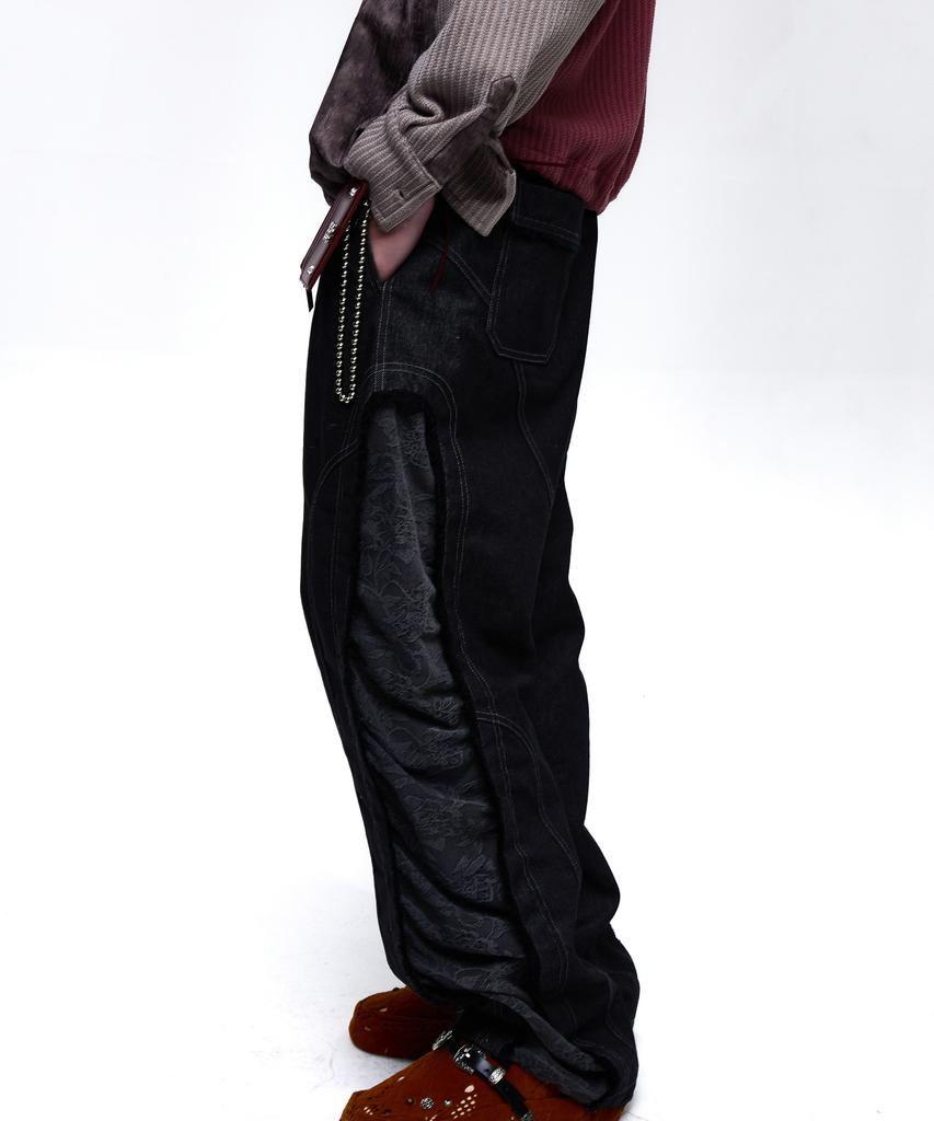 Aleseueseussi Incision Jacquard Mixed Pants - Black