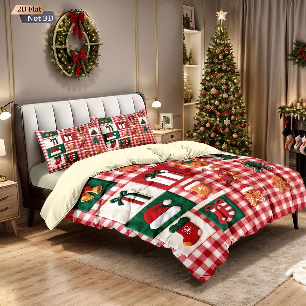 3pcs Christmas red checkered printed coreless bedding set multiple sizes bedrooms dormitories comfortable, machine washable