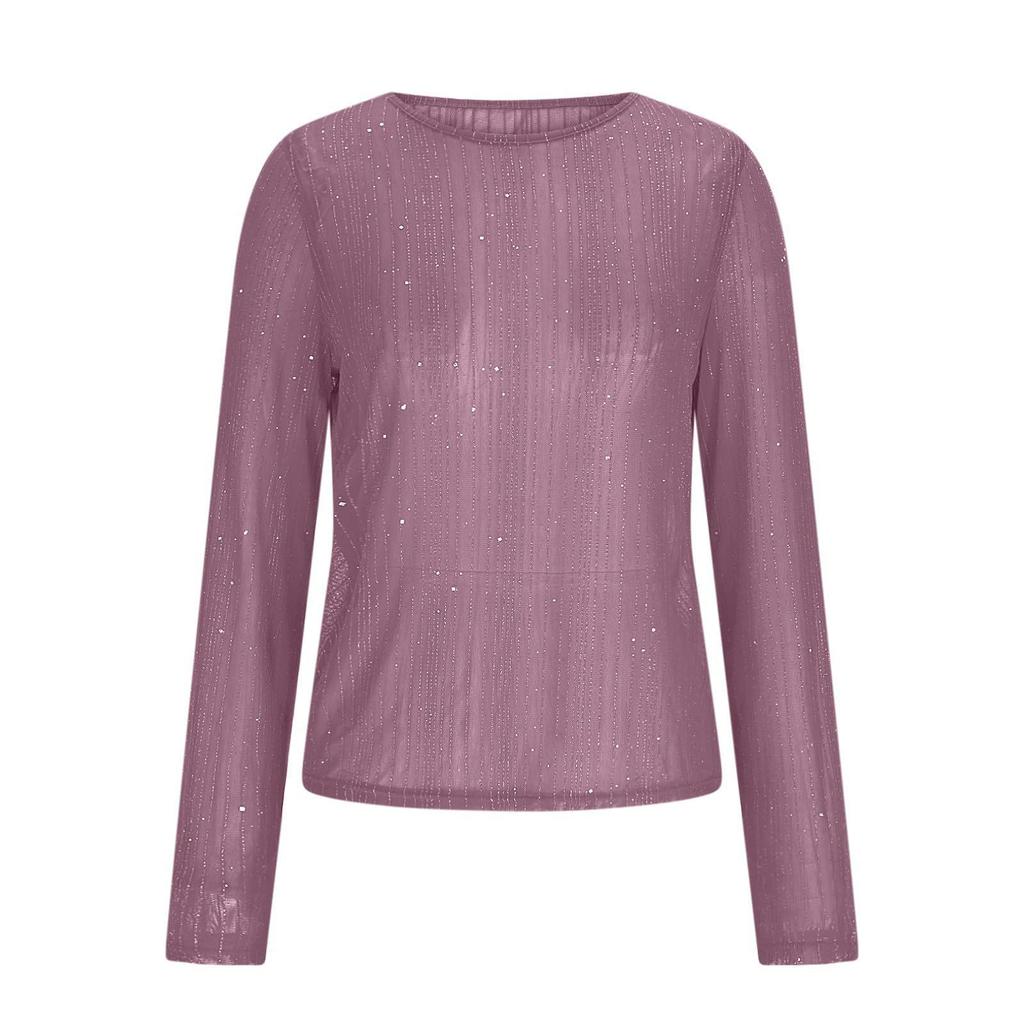 Women's High-Neck Sequin Long Sleeve Top - Spring/Autumn 2026, Stylish & Transparent Inner Layer