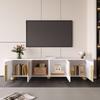 White TV Cabinet 180 Cm, 4 Doors, Elegant Design, Marble-look Surface, Spherical Wooden Feet