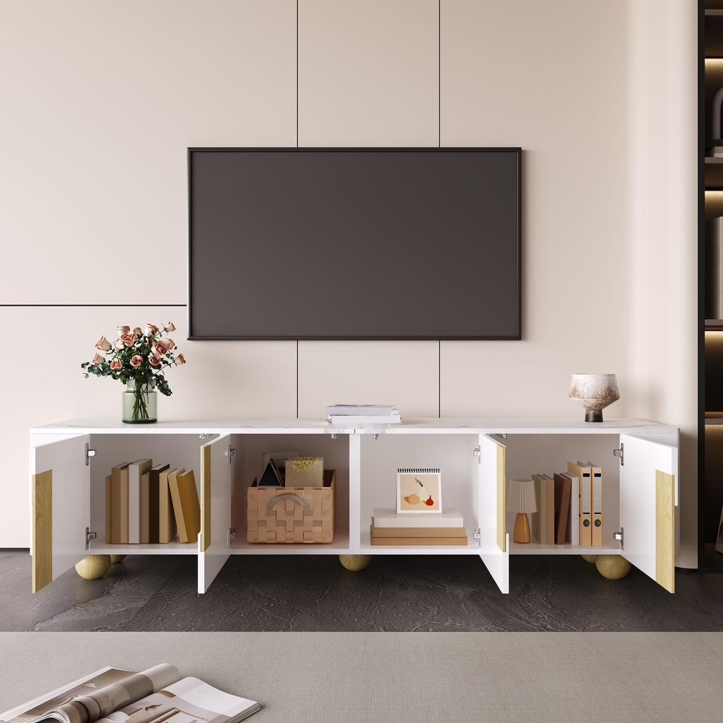 White TV Cabinet 180 Cm, 4 Doors, Elegant Design, Marble-look Surface, Spherical Wooden Feet