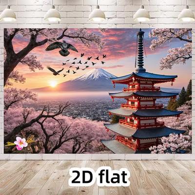 2D Mount Fuji Cherry Blossom Backdrop, Pagoda & Birds Background Cloth