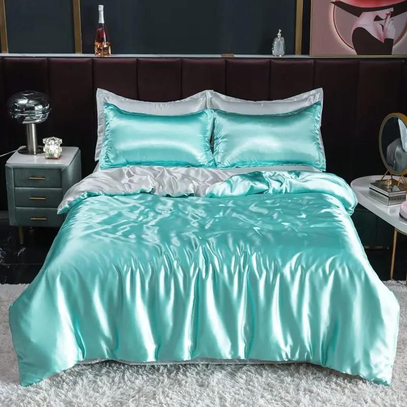 Nordic Satin Silk Bedding Set with Duvet Cover Bed Sheet Pillowcases Luxury Solid Single Double Couple Pillow Case Bedsheet