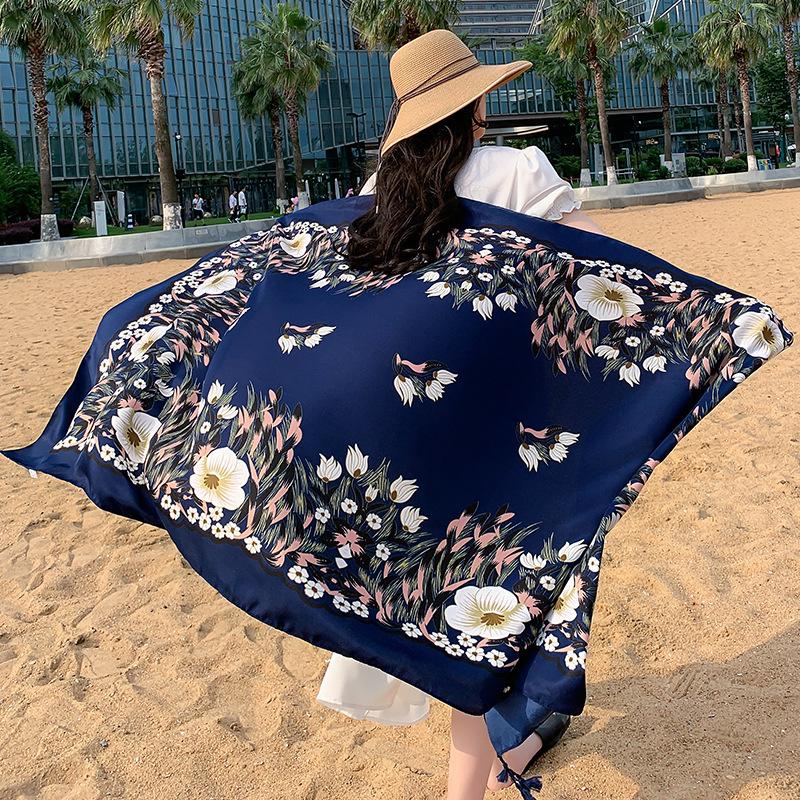 180Cmflower Printed Silk Scarf Ethnic-Style Twill Cotton Scarf Multi-Functional Travel Sun Protection Shawl Women'S Headscarf