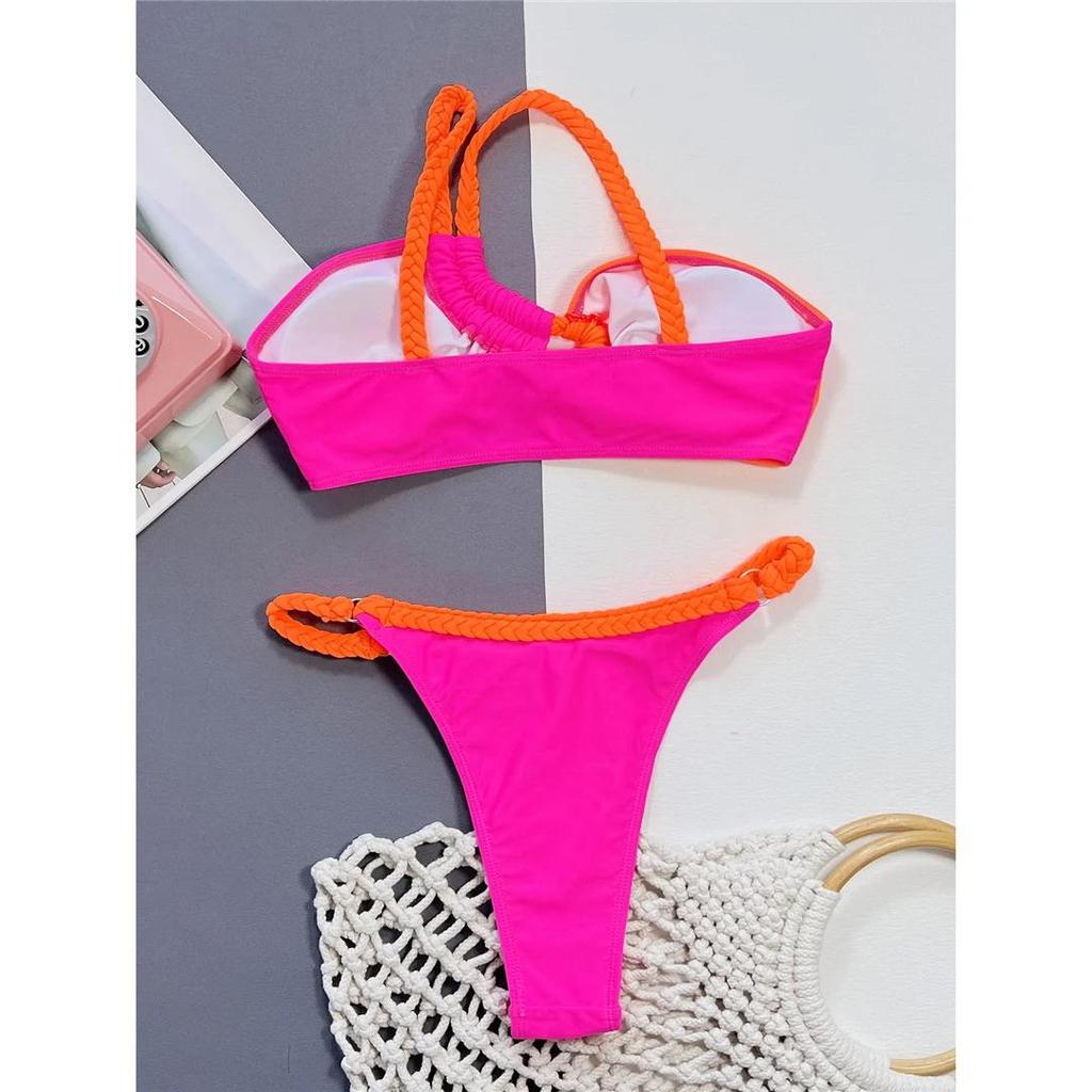 Sexy Splicing Asymmetric One Shoulder Bikini Women Swimwear Bather Bathing Suit Swim Two-pieces Bikini set