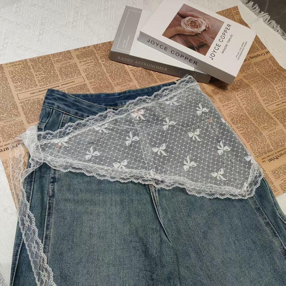 Embroidered Lace Triangle Headscarf White Pastoral Style Hair Scarf Wraps Hollow-out Woven Floral Lace Skirt for Women Girls