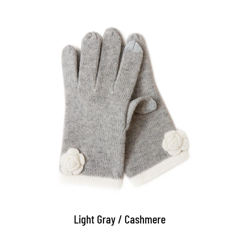 100% Pure Cashmere Flower Pointelle Knit Windproof Gloves - Warm and Versatile for Autumn/Winter One Size светло-серый
