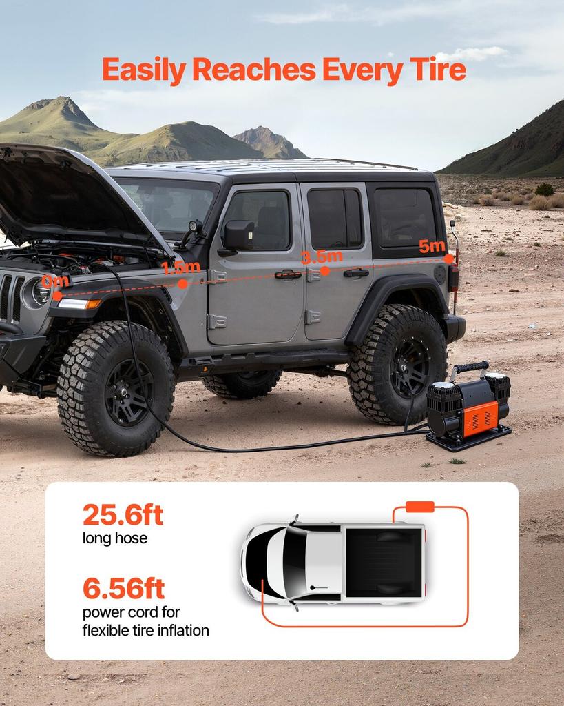 Dual-Cylinder Heavy Duty Air Compressor, 300 L/min Portable Tire Inflator, 12V 150PSI Offroad Air Pump with Digital Pressure Gauge & Adapters for