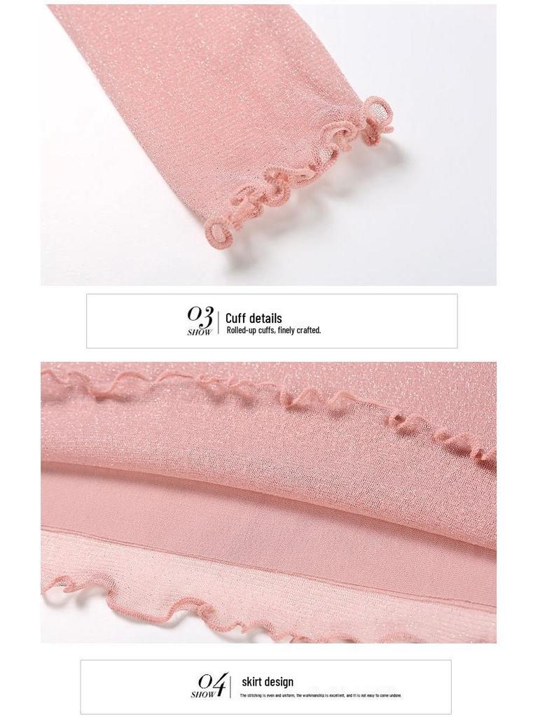 2024 Damen High-Neck Patchwork Mesh Top mit Gold- & Silberfäden - Vielseitige Langarm See-Through Basisschicht